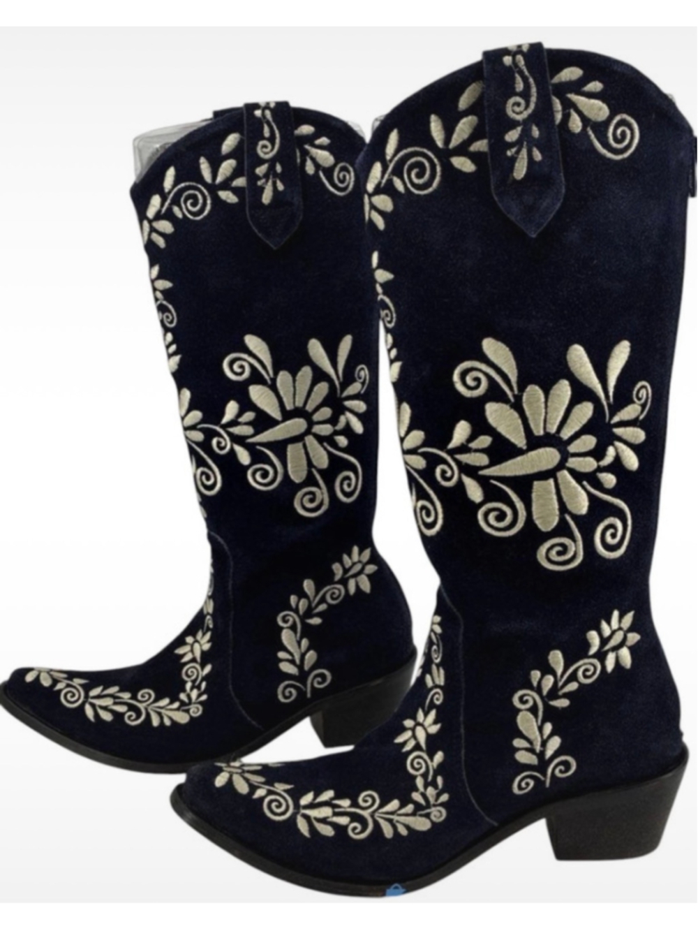 Women's Agave Sky Western Heeled Boots Navy White Embroidered Size 7 Boho Glam - Picture 3 of 9